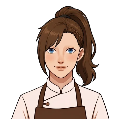A cook with a brown ponytail and blue eyes
